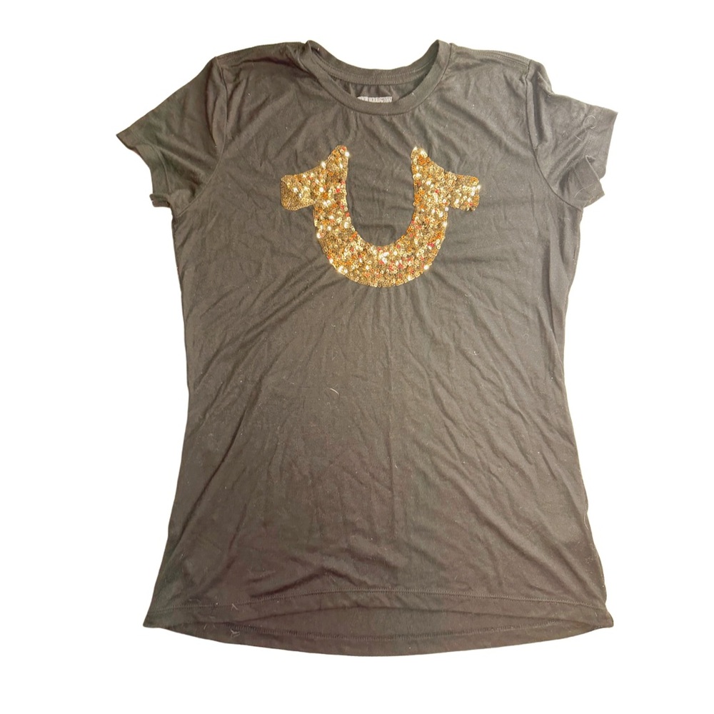 True religion black gold women size L gold sequin horseshoe T-shirt short sleeve